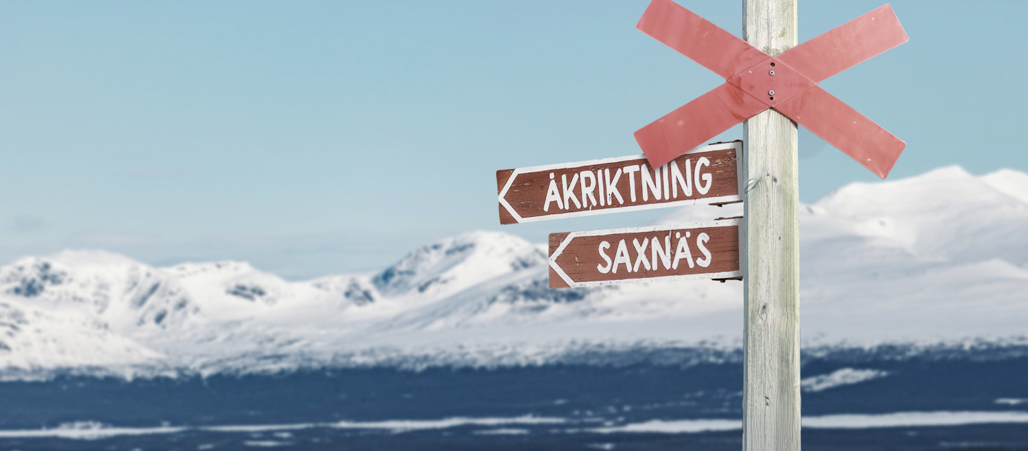 Ledkryss med fjäll bakom